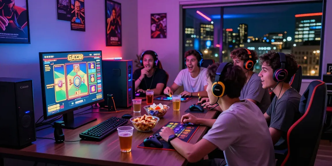 Friends enjoying a slot gacor gaming session with vibrant atmosphere and snacks