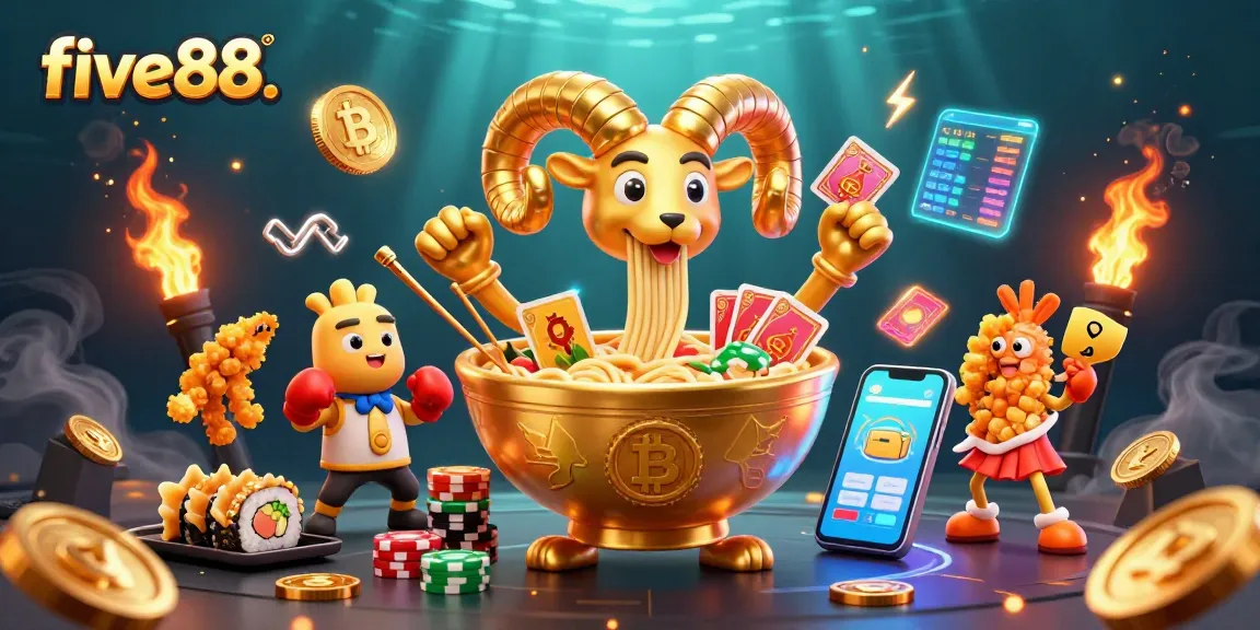Join the action at five88. with a vibrant 3D casino illustration featuring dealers and crypto elements.