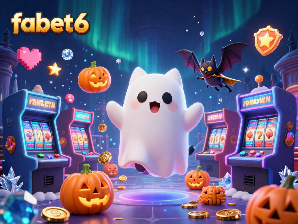 Bet on fabet6 with a ghost cat and vampire bat in a vibrant haunted casino scene.