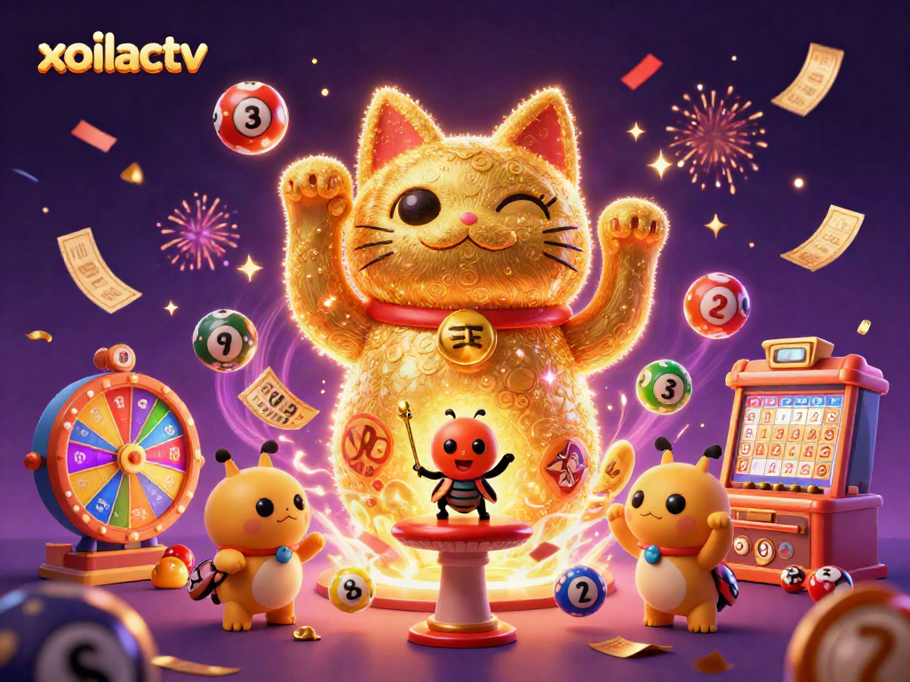 Experience the magic of xoilactv with a dynamic, 3D golden firefly lucky cat amid colorful casino elements.