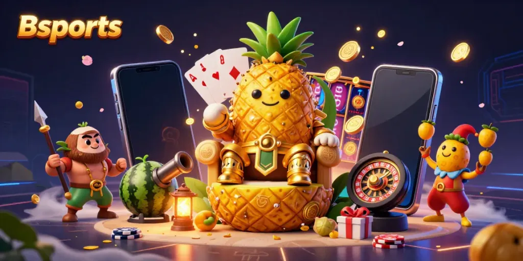 Experience fun and excitement with Bsports in a vibrant casino scene featuring a pineapple king and lively characters.