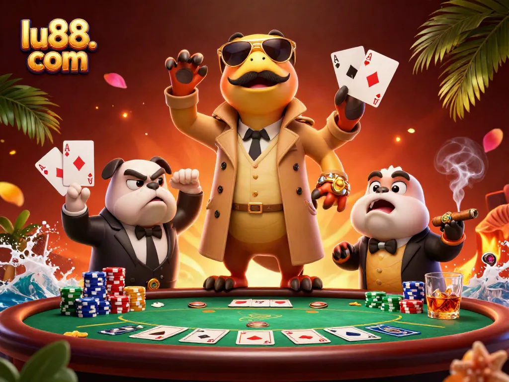 Enter the LU88. com casino with raptors dressed in disguise, surrounded by poker elements.