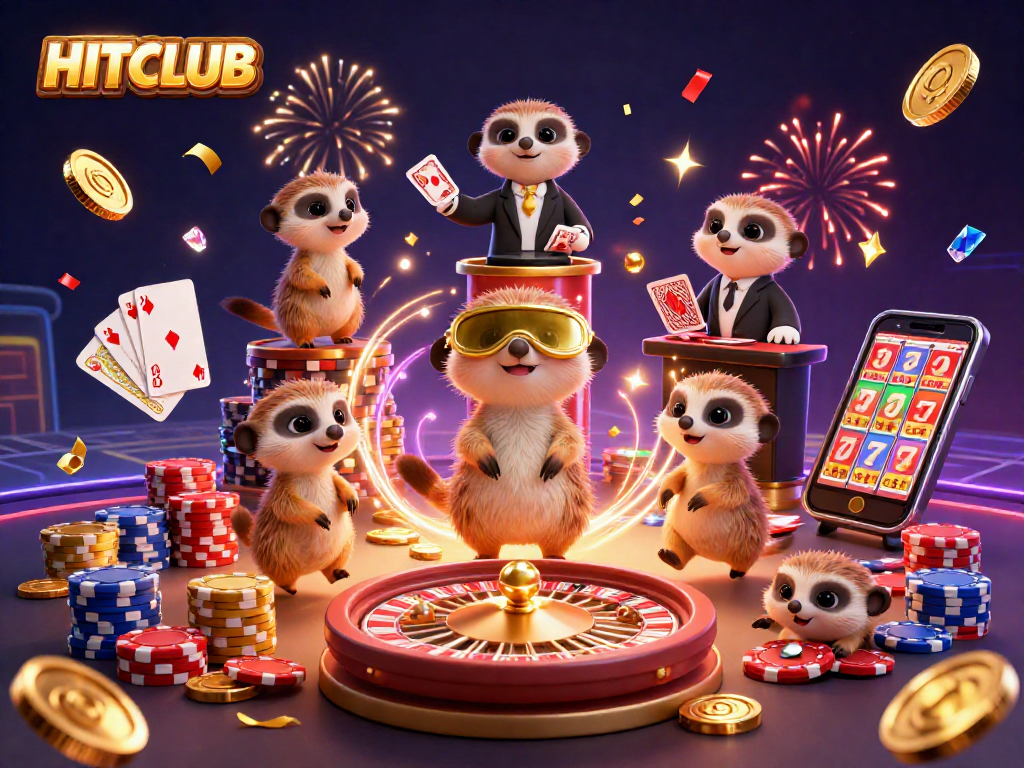 HITCLUB meerkats operate a vibrant casino scene with coins, cards, and celebratory energy.