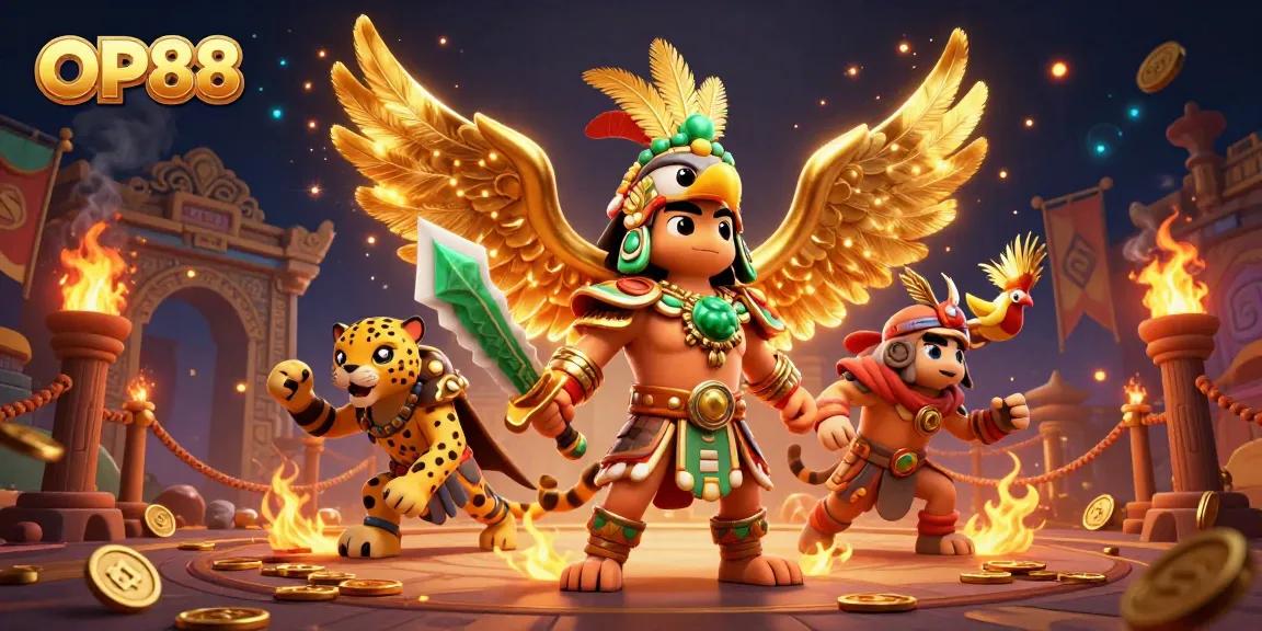 Engage with OP88's thrilling casino experience featuring an epic Aztec warrior and vibrant game elements.