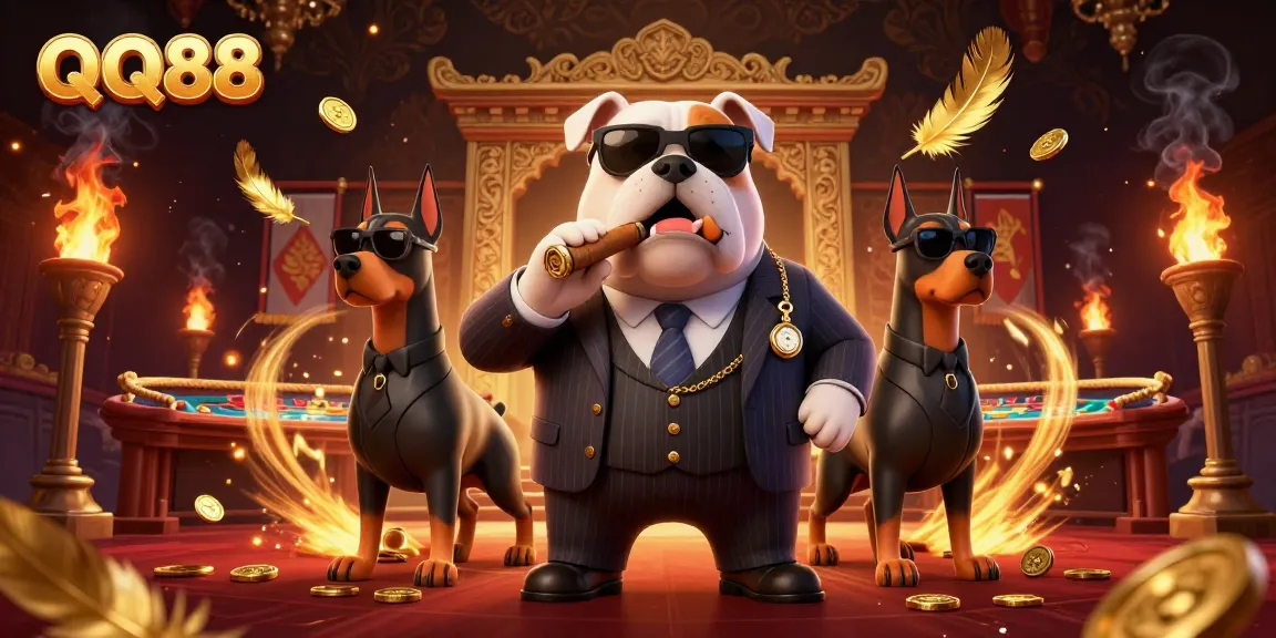 Experience thrilling gameplay with QQ88 featuring a mafia bulldog and Doberman bodyguards in a casino.