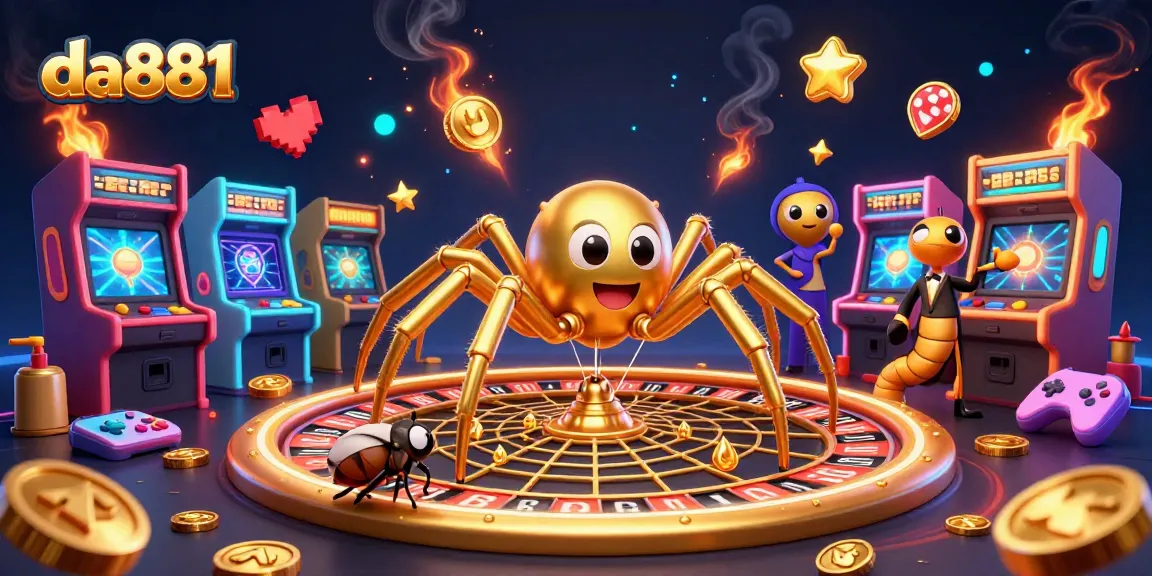 Experience the excitement of da881 as a fly nervously places bets while the golden spider spins a roulette web.