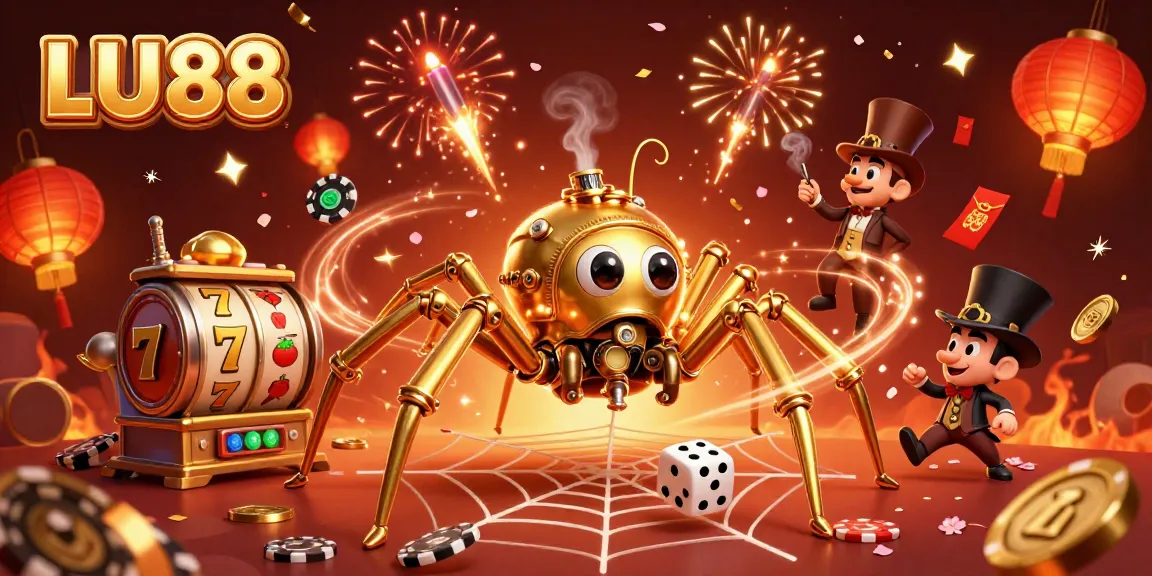 LU88 features an engaging scene with a steampunk spider and casino elements amid festive fireworks.