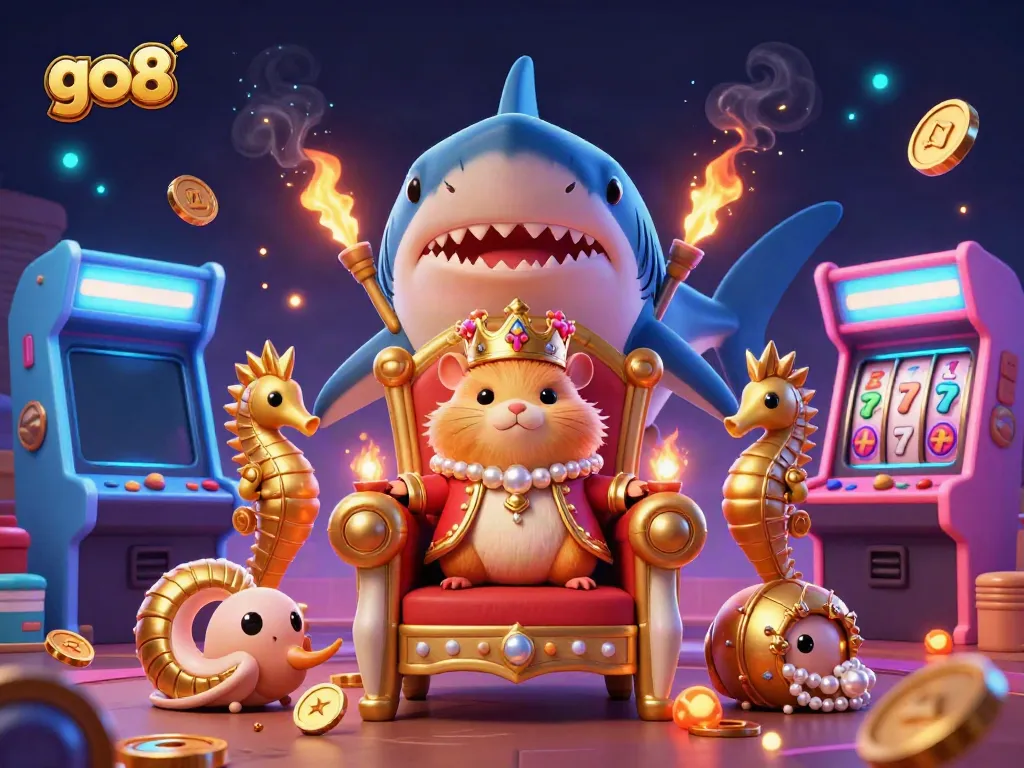 Battle for jackpot excitement at go8, where a golden hamster king rules on a megalodon throne amidst vibrant slot reels and arcade machines.