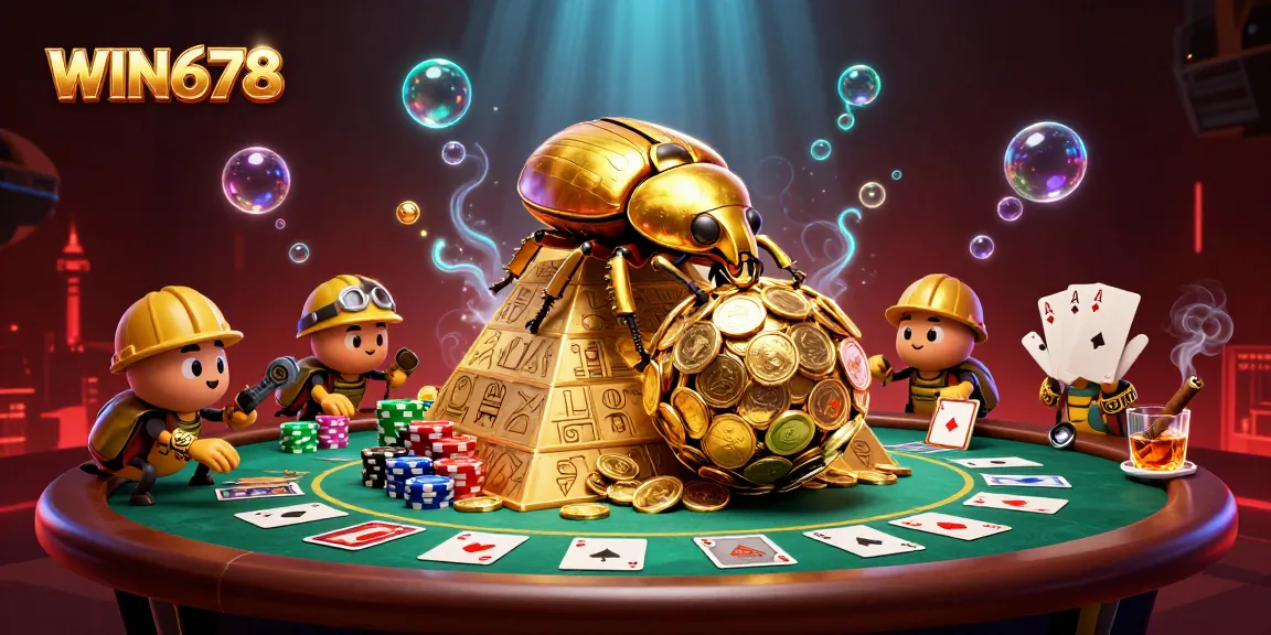 Win678 showcases a golden beetle rolling jackpot coins amidst vibrant poker elements.