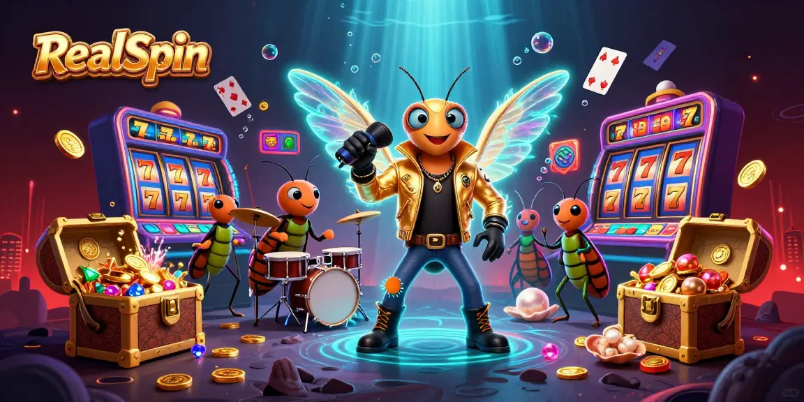 Engage with RealSpin’s vibrant casino action featuring a cicada rock star amidst lively slot game elements and gold.