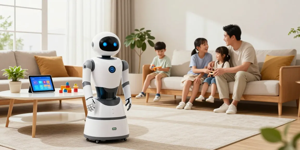 Home robot assisting family with chores in a bright modern living room filled with technology and warmth.