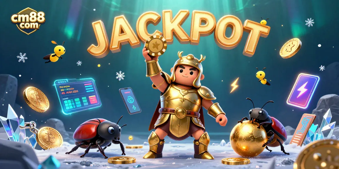 Experience the excitement of cm88 com with a lively illustration featuring a golden-armored beetle celebrating a jackpot.