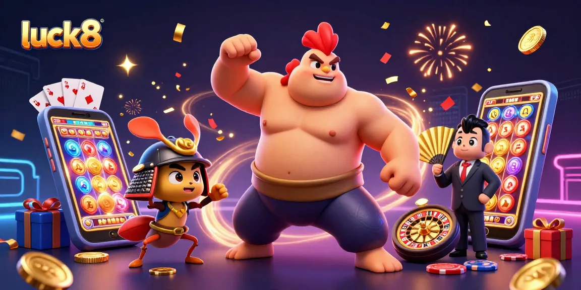 Engage with luck8's dynamic casino experience featuring a sumo rooster, samurai cricket, and tanuki in a vibrant 3D scene.