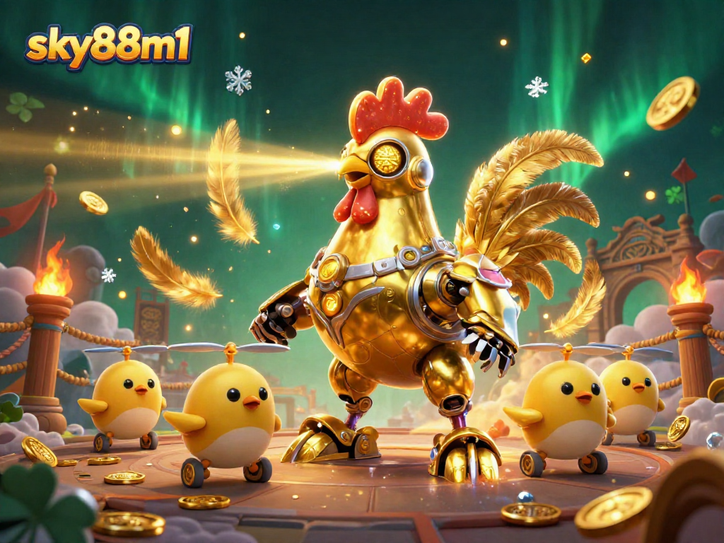 Sky88m1 reveals the golden rooster robot dominating the gambling arena with dazzling golden tokens.