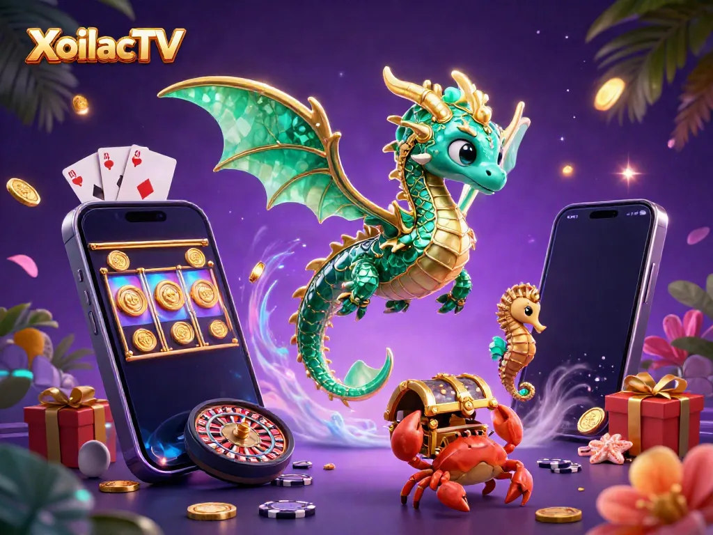 XoilacTV showcases vibrant, emerald sea dragon surrounded by casino elements for players.