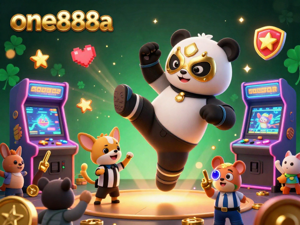 Engage with one888a's dynamic casino scene featuring a wrestler panda, games, and lively animal fans.