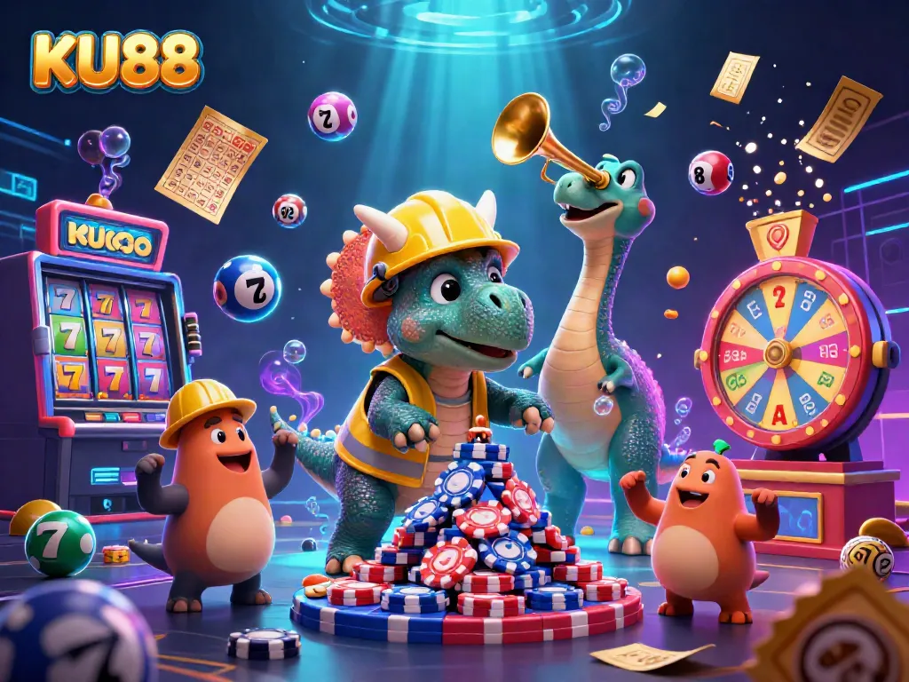 Experience the excitement of KU88 as a triceratops builds a tower of poker chips amidst a dazzling casino celebration.