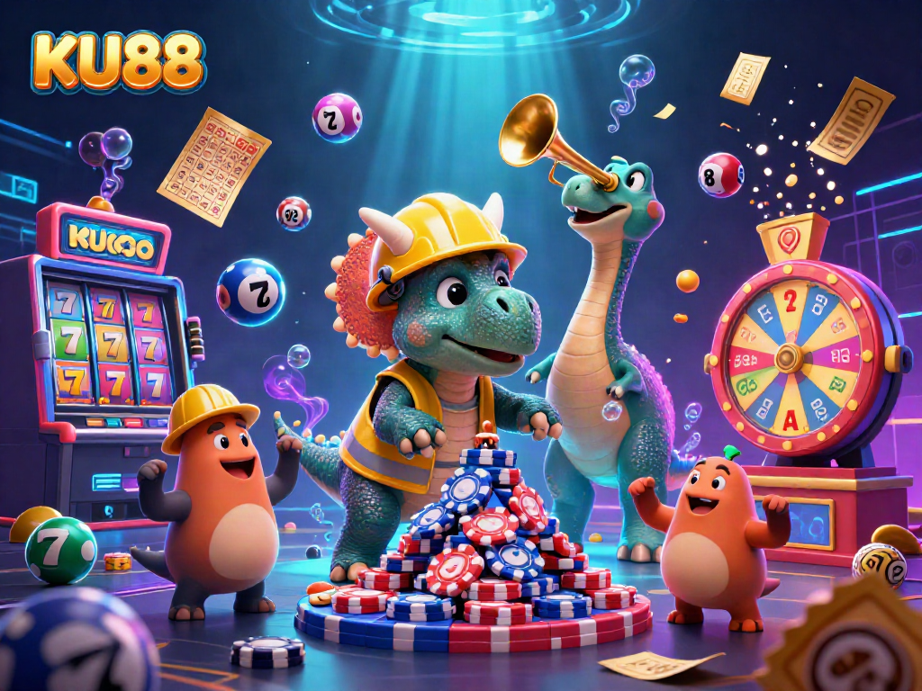 Experience the excitement of KU88 as a triceratops builds a tower of poker chips amidst a dazzling casino celebration.
