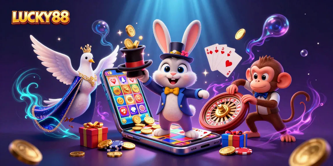 Experience the excitement of LUCKY88 with a magician rabbit and casino characters amidst colorful game elements.