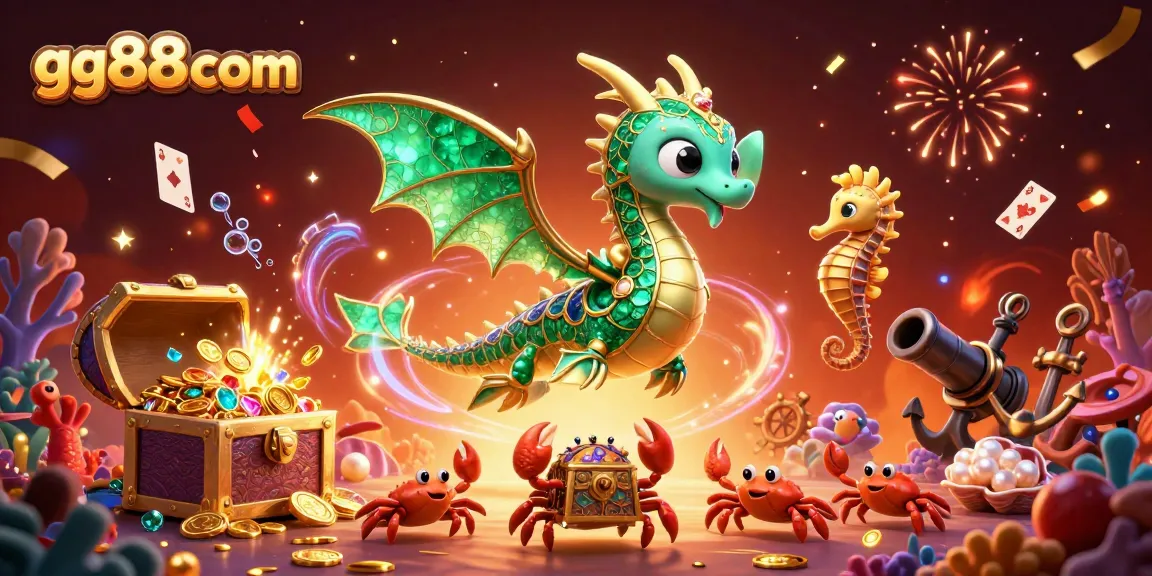 Join the excitement at gg88com as the cartoon sea dragon guards treasures in a dynamic casino scene.