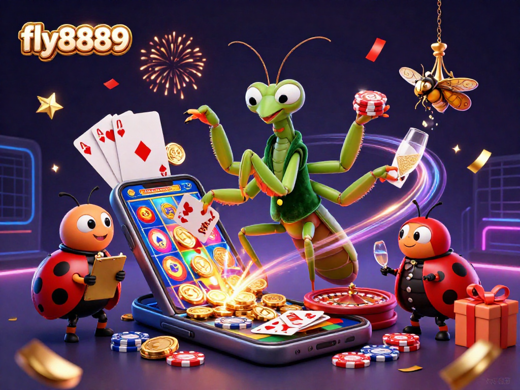 Experience the excitement of fly8889 with a colorful casino scene featuring a giant praying mantis and ladybug pit boss celebrating win!