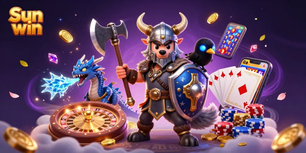 Experience thrilling action at Sun win with a 3D Viking warrior, dragon, and vibrant casino elements.