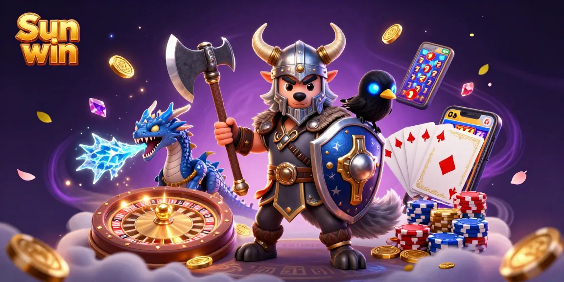 Experience thrilling action at Sun win with a 3D Viking warrior, dragon, and vibrant casino elements.