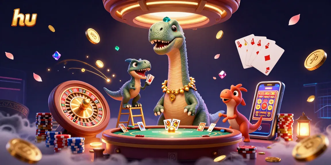 Join the excitement at hu with a vibrant casino scene featuring a fun brontosaurus and raptor dealer.