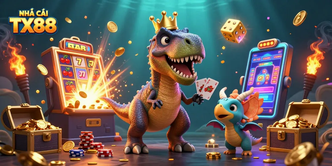 Enhance your experience at NHÀ CÁI TX88 with exciting games featuring a friendly dinosaur casino scene.