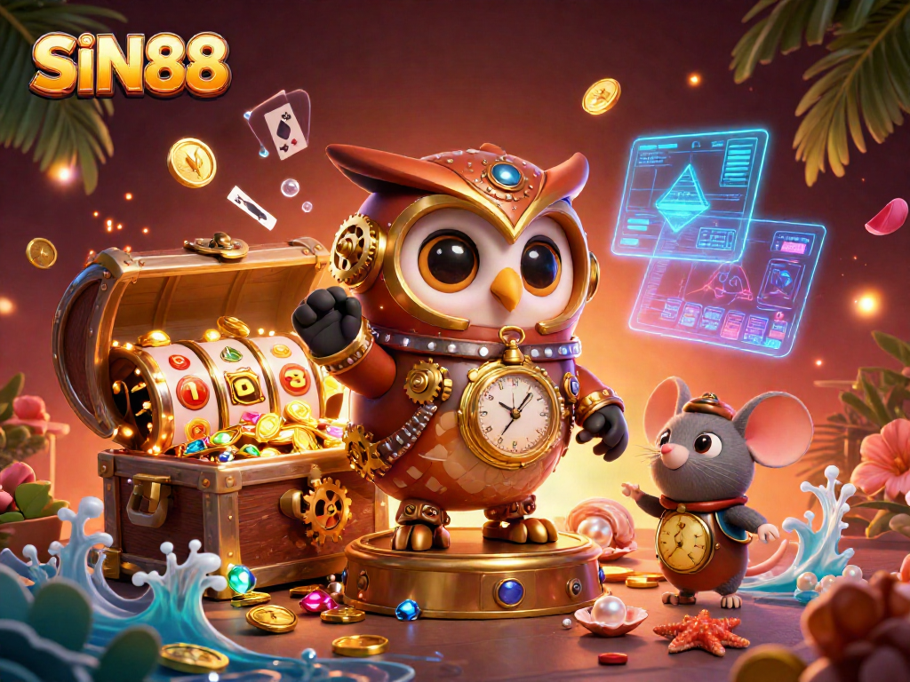 SIN88 features a steampunk owl and mouse in a vibrant casino scene, showcasing exciting slots.