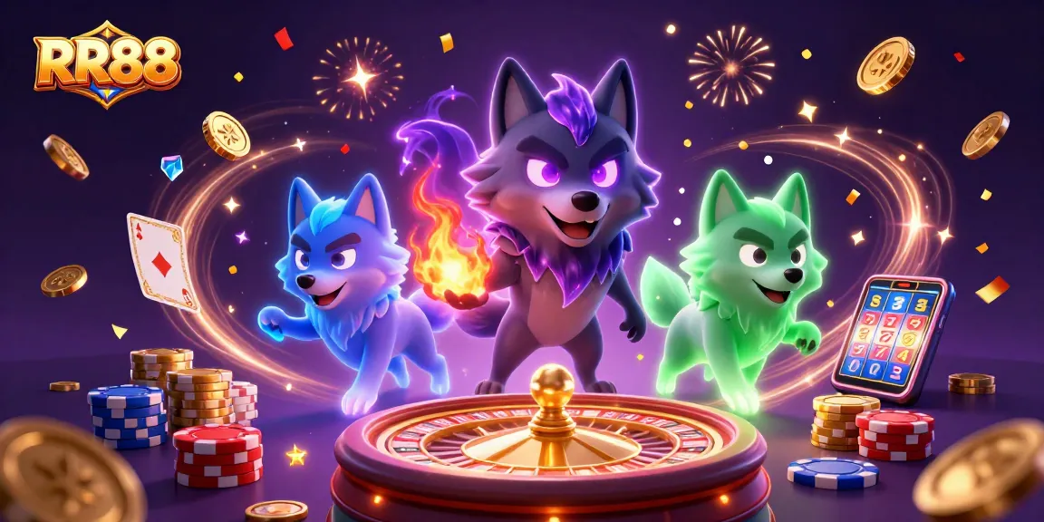 Experience thrilling gameplay at RR88 with spinning roulettes, vibrant poker chips, and fiery wolf spirits.