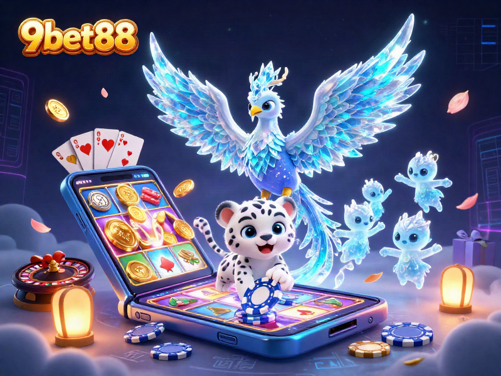 Engage with 9bet88's vibrant 3D casino scene featuring playful characters and animated gaming elements.