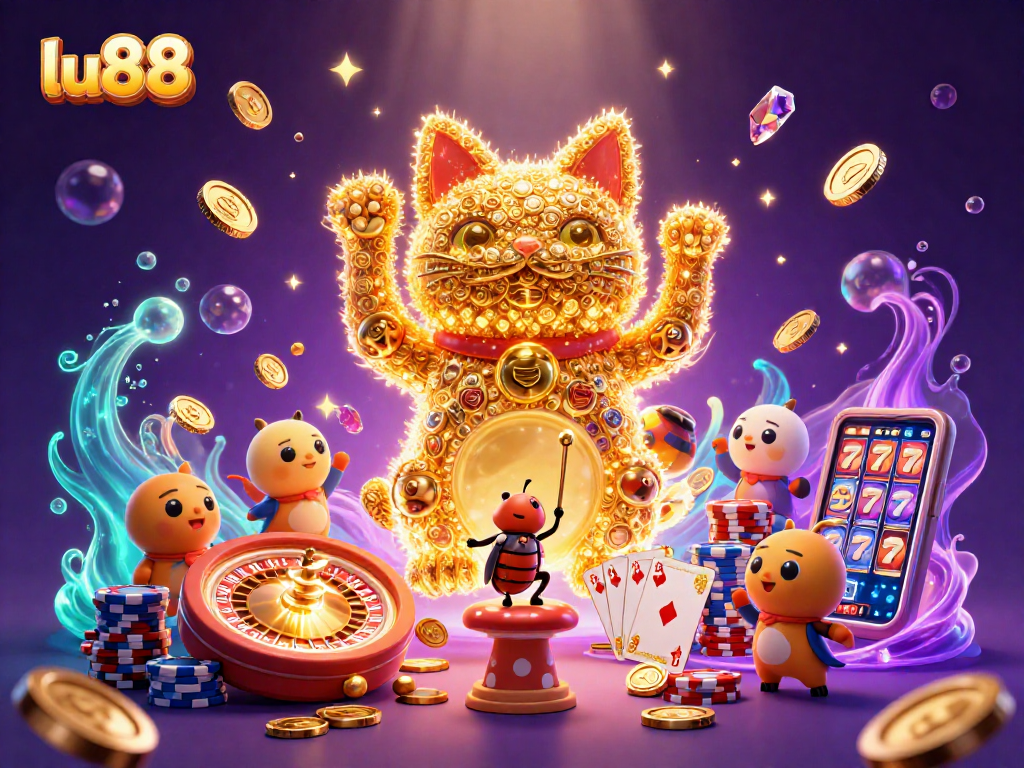 Engage with the vibrant lu88 casino scene featuring a waving lucky cat and dynamic game elements.