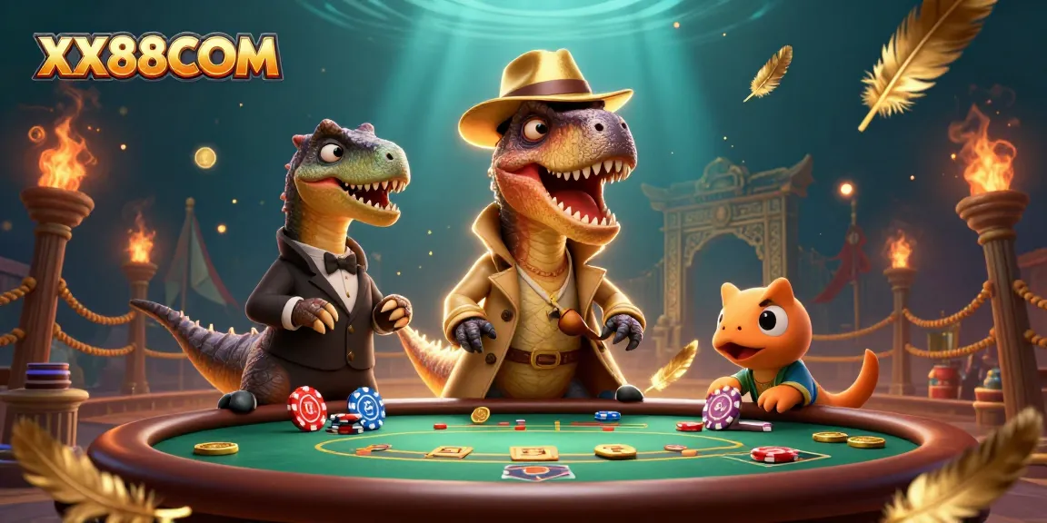 Experience the thrilling action at XX88COM with cartoon dinosaurs engaging in gambling strategies!