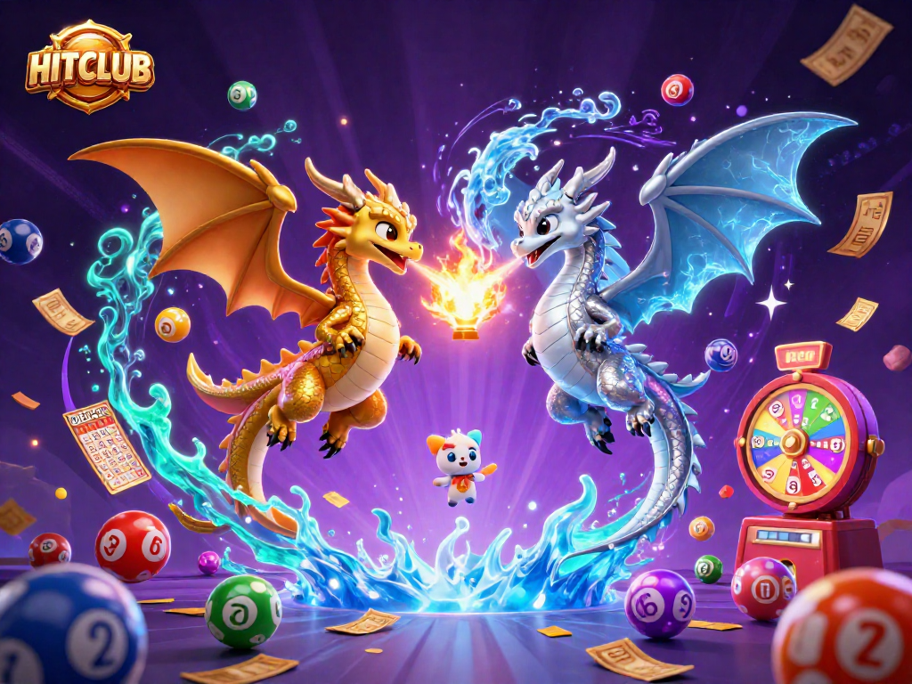 Experience the thrill of HITCLUB with 3D dragons breathing fire and ice, surrounded by vibrant casino elements.