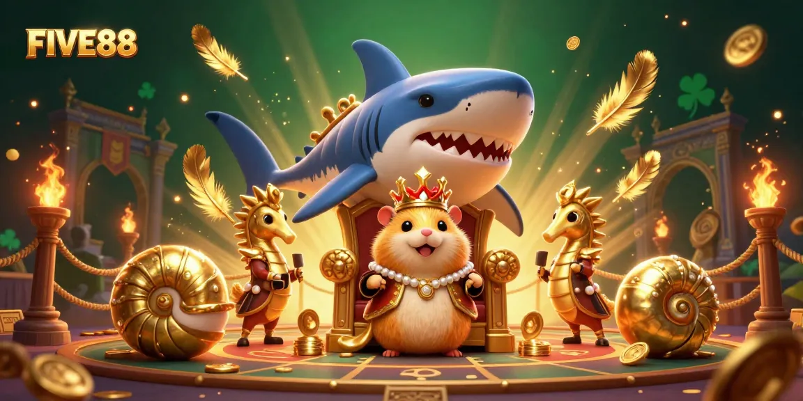 Join the golden hamster king in the FIVE88 casino adventure amidst swirling golden feathers.