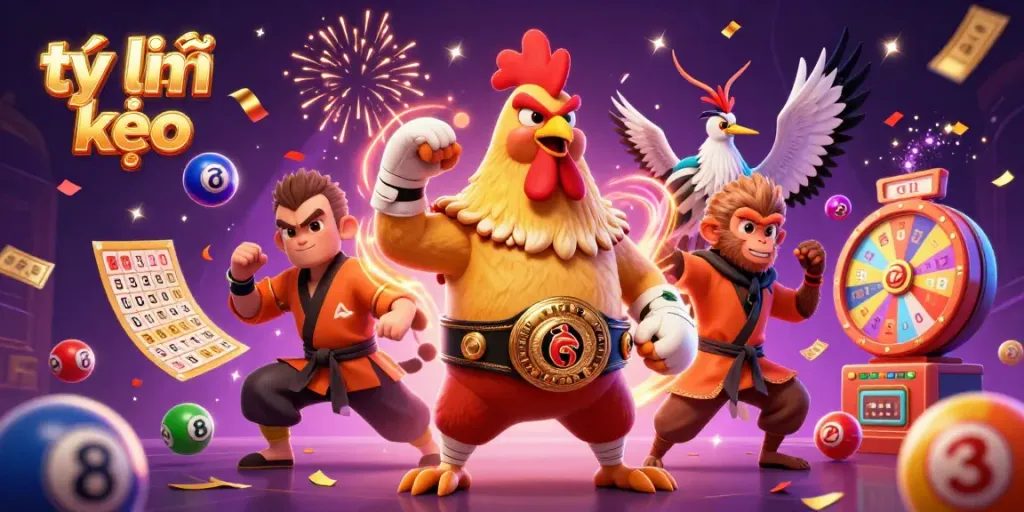 The dynamic illustration showcases tỷ lệ kèo with festive characters, lottery balls, and casino elements, enhancing betting excitement.