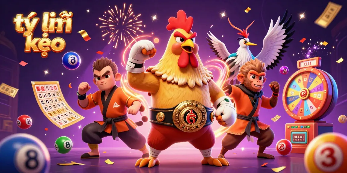 The dynamic illustration showcases tỷ lệ kèo with festive characters, lottery balls, and casino elements, enhancing betting excitement.