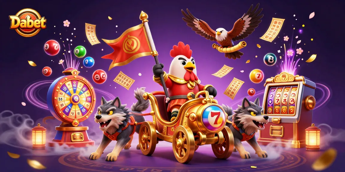 Dabet showcases a carnival of colorful lottery balls as the rooster warlord leads a thrilling online casino adventure.