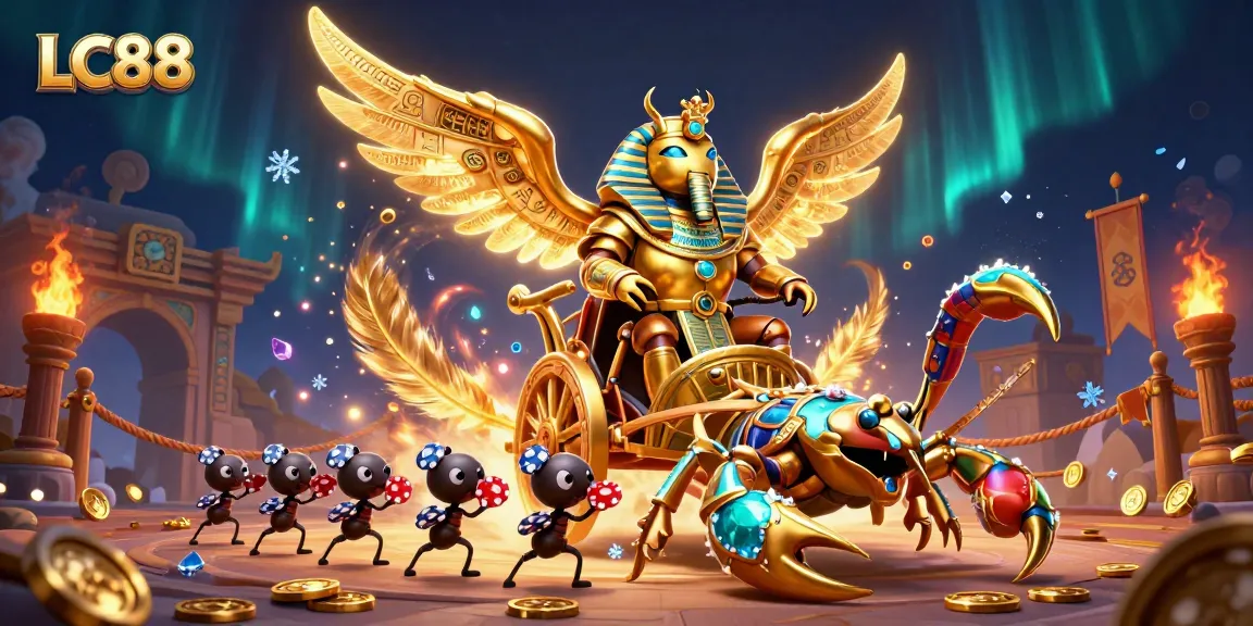 LC88 showcases a colossal golden beetle in pharaoh armor amidst dynamic casino elements and rich details.