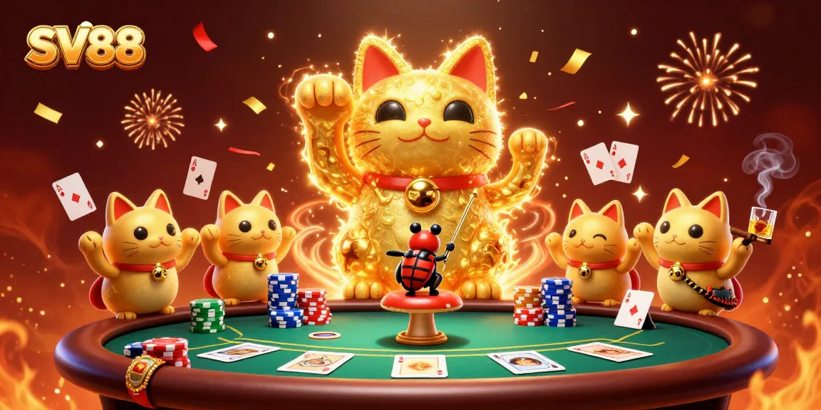 Play exciting games at SV88 with a gold lucky cat symbolizing fortune and fun in this vibrant casino scene.