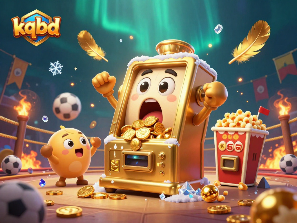 KQBD showcases a vibrant 3D scene with a golden slot machine celebrating a jackpot amidst cheering machines and sports elements, capturing the thrill of online betting.
