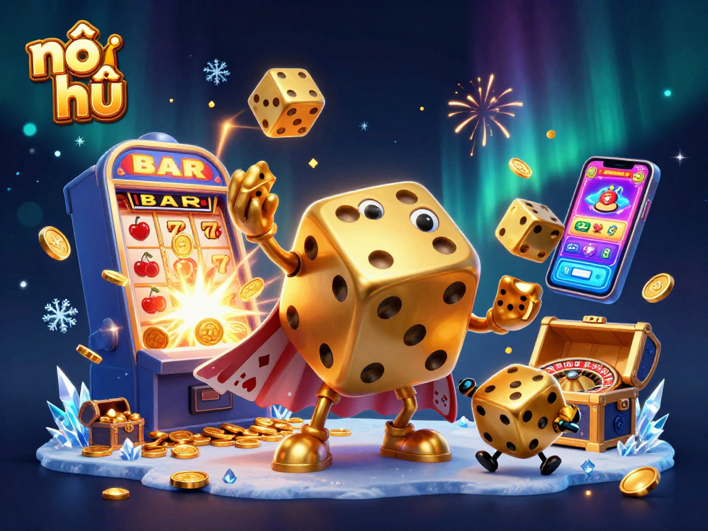 Experience vibrant nổ hũ gameplay with a dynamic 3D visual of slots, dice, and casino elements.