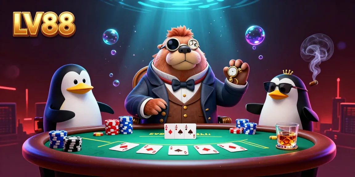 Visualize the dynamic strategy of poker with LV88 featuring a walrus in a Victorian outfit, a penguin dealer, and a bluffing pufferfish.