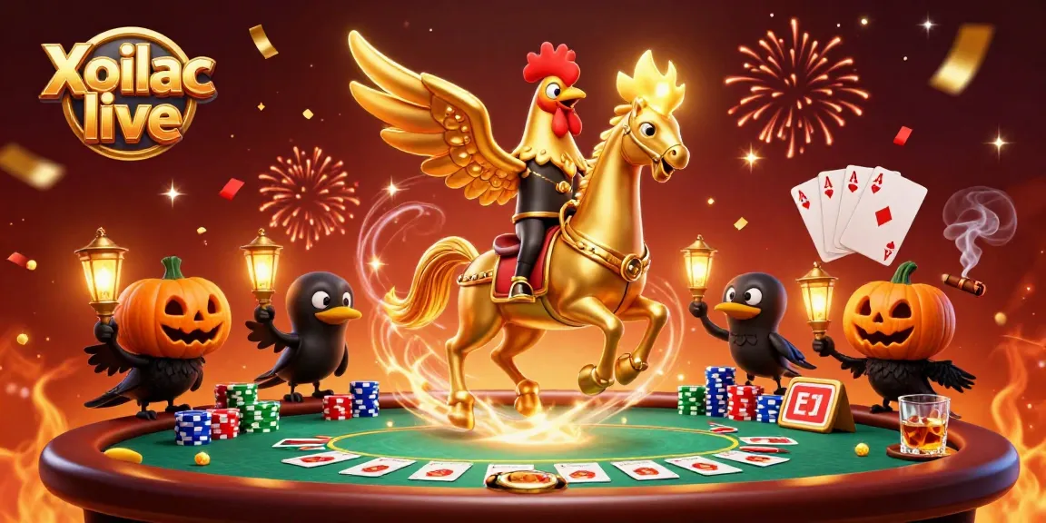 Xoilac live delivers an exciting casino experience with a golden rooster character amid colorful poker elements.