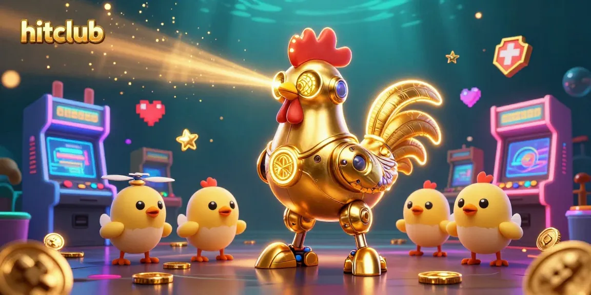 Hitclub's golden rooster robot and chick drones shoot laser beams in a vibrant casino-themed scene.