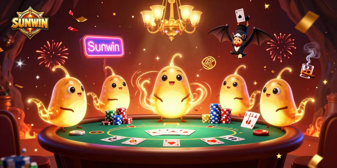 SUNWIN casino scene featuring glowworms lighting up a poker table with chips and cards