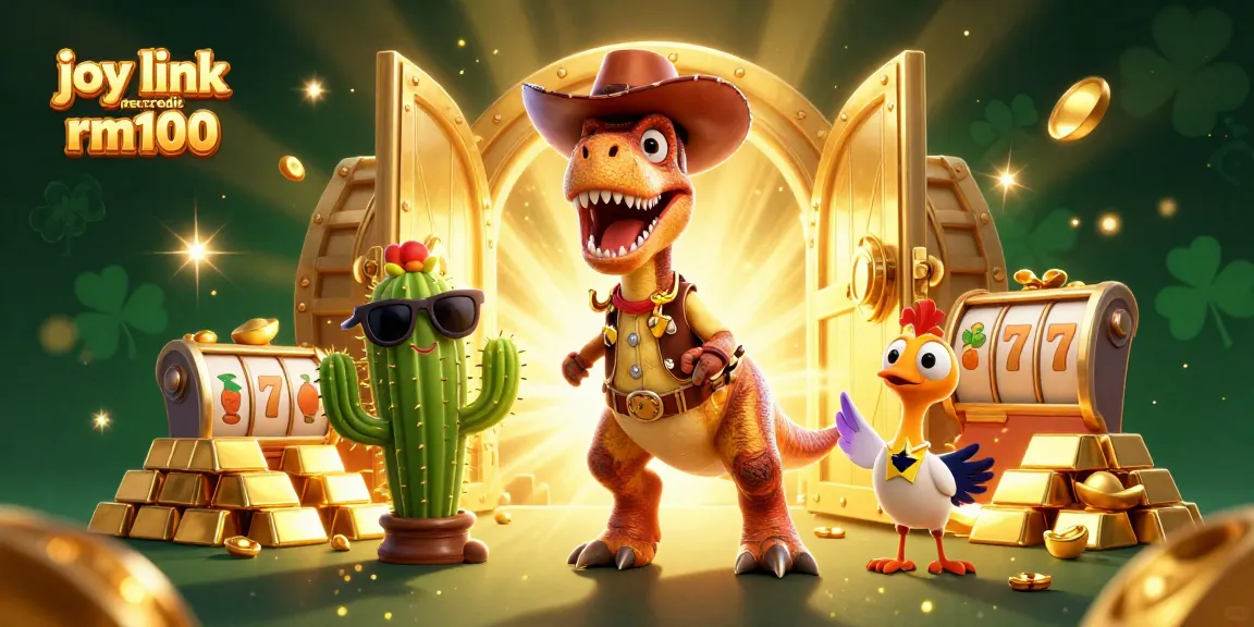 Spin to win with joy link free credit rm100 in an exciting casino scene featuring colorful slot elements.