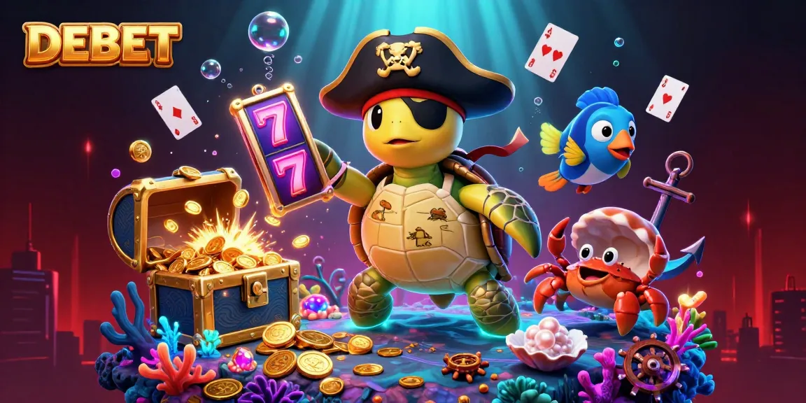 Spin the reels of DEBET while surrounded by colorful, underwater treasures in this dynamic casino illustration.