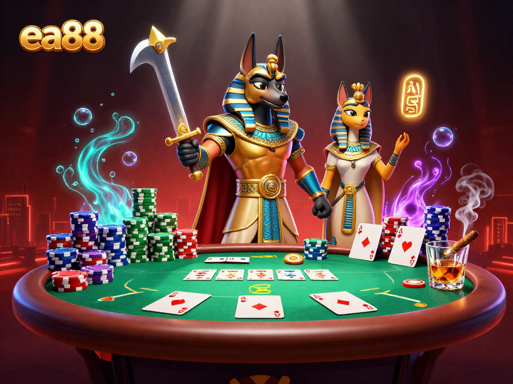 Win big at ea88 with exciting poker action featuring Anubis and Bastet in a vibrant 3D casino.